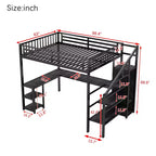 Cama loft metálica matrimonial/queen con armario, escritorio en L, USB y luces LED, estructura de cama loft para ahorrar espacio para juegos - ModernLuxe