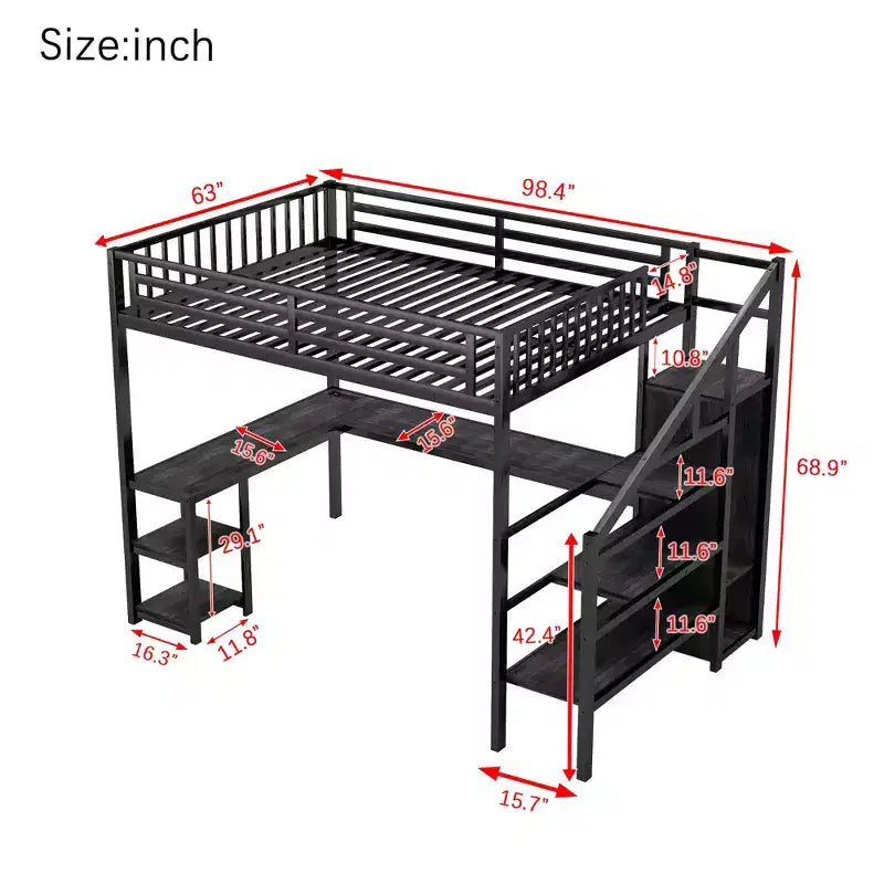Cama loft metálica matrimonial/queen con armario, escritorio en L, USB y luces LED, estructura de cama loft para ahorrar espacio para juegos - ModernLuxe