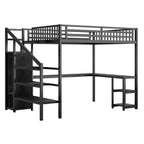 Cama loft metálica matrimonial/queen con armario, escritorio en L, USB y luces LED, estructura de cama loft para ahorrar espacio para juegos - ModernLuxe
