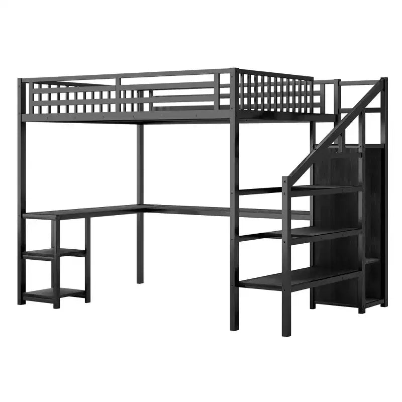 Cama loft metálica matrimonial/queen con armario, escritorio en L, USB y luces LED, estructura de cama loft para ahorrar espacio para juegos - ModernLuxe