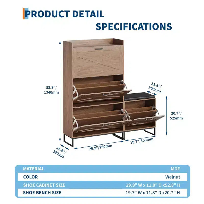 Banco zapatero, Banco de entrada de madera con 4 cajones abatibles y asiento acolchado, Armario organizador de zapatos oculto para el vestíbulo y la sala de estar
