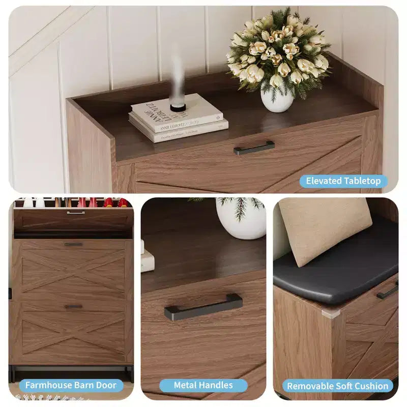 Banco zapatero, Banco de entrada de madera con 4 cajones abatibles y asiento acolchado, Armario organizador de zapatos oculto para el vestíbulo y la sala de estar