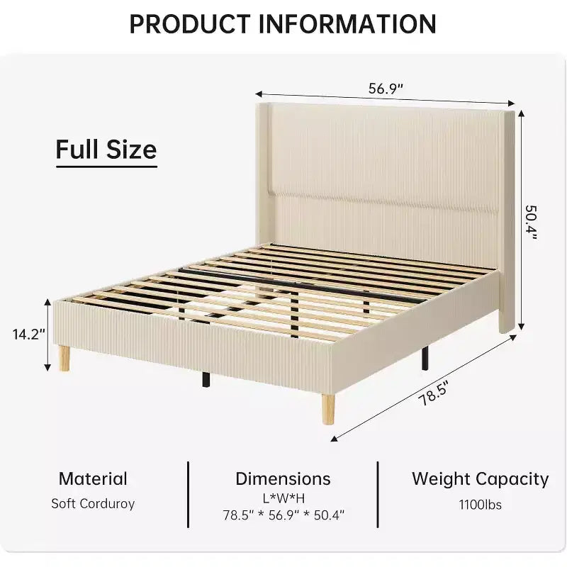 Estructura de Cama de Terciopelo Tamaño King, con Cabecero de Respaldo Alto Tapizado con Canales Verticales, Soporte de Láminas de Madera Resistente, No Necesita Somier, Fácil Montaje