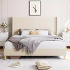 Estructura de Cama de Terciopelo Tamaño King, con Cabecero de Respaldo Alto Tapizado con Canales Verticales, Soporte de Láminas de Madera Resistente, No Necesita Somier, Fácil Montaje