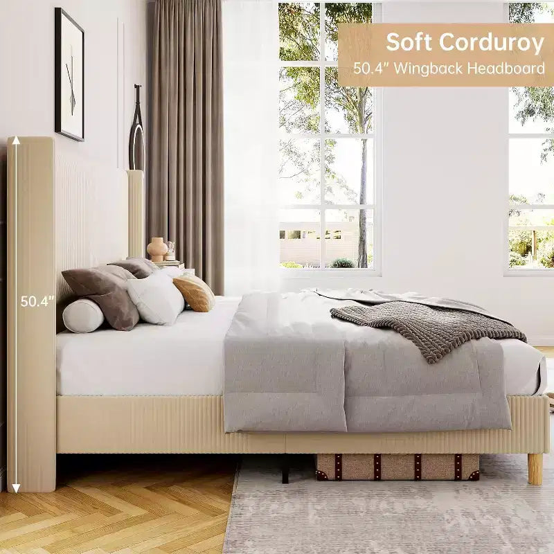Estructura de Cama de Terciopelo Tamaño King, con Cabecero de Respaldo Alto Tapizado con Canales Verticales, Soporte de Láminas de Madera Resistente, No Necesita Somier, Fácil Montaje