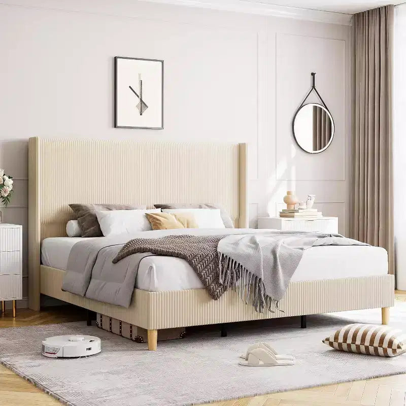 Estructura de Cama de Terciopelo Tamaño King, con Cabecero de Respaldo Alto Tapizado con Canales Verticales, Soporte de Láminas de Madera Resistente, No Necesita Somier, Fácil Montaje