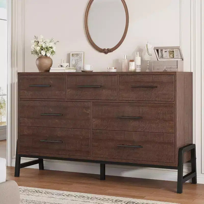 52 Wide 7-Drawer Dresser, Freestanding Wood Storage Chest with Smooth Gliding Drawers for Bedroom, Living Room, Entryway Organization