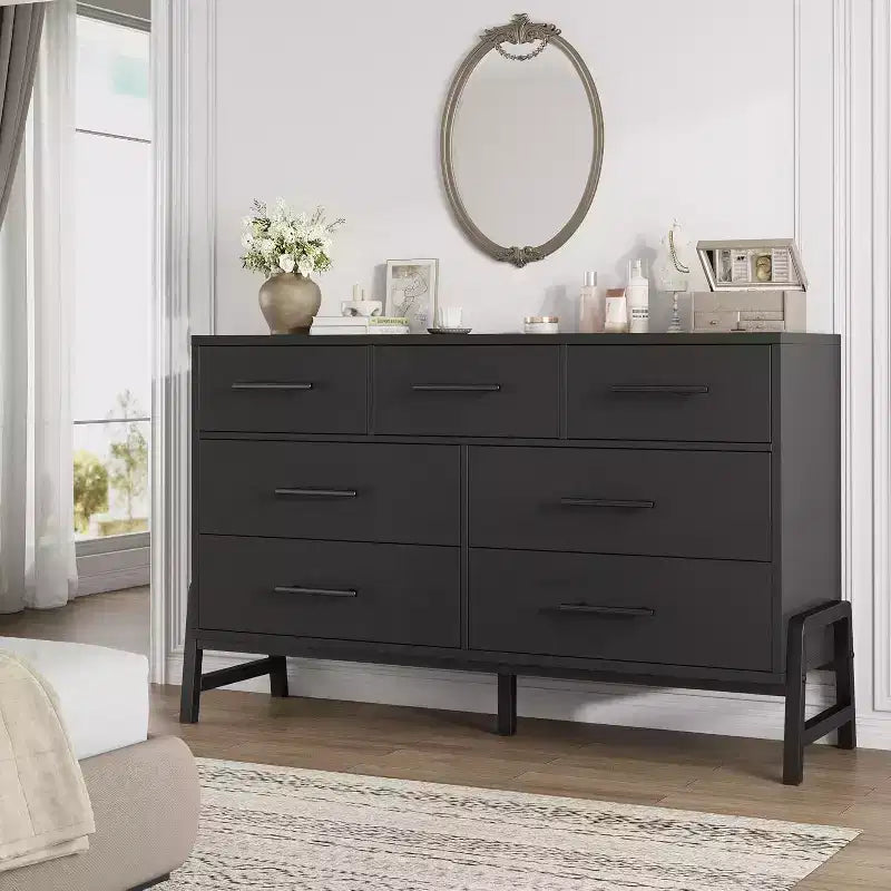 52 Wide 7-Drawer Dresser, Freestanding Wood Storage Chest with Smooth Gliding Drawers for Bedroom, Living Room, Entryway Organization