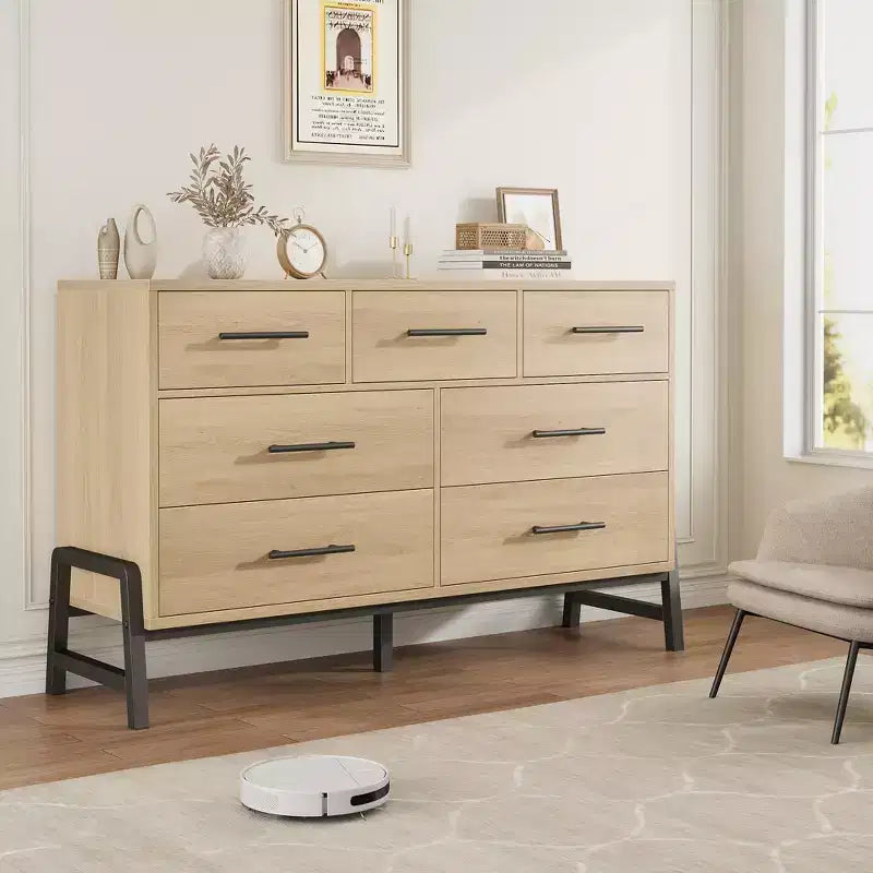 52 Wide 7-Drawer Dresser, Freestanding Wood Storage Chest with Smooth Gliding Drawers for Bedroom, Living Room, Entryway Organization