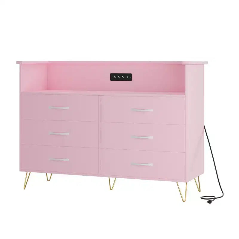 Cómoda moderna de 6 cajones con luces LED y estación de carga - 3 tomas de corriente, 2 puertos USB, luces que cambian de color, estante abierto con cómoda de almacenamiento elegante