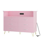 Cómoda moderna de 6 cajones con luces LED y estación de carga - 3 tomas de corriente, 2 puertos USB, luces que cambian de color, estante abierto con cómoda de almacenamiento elegante