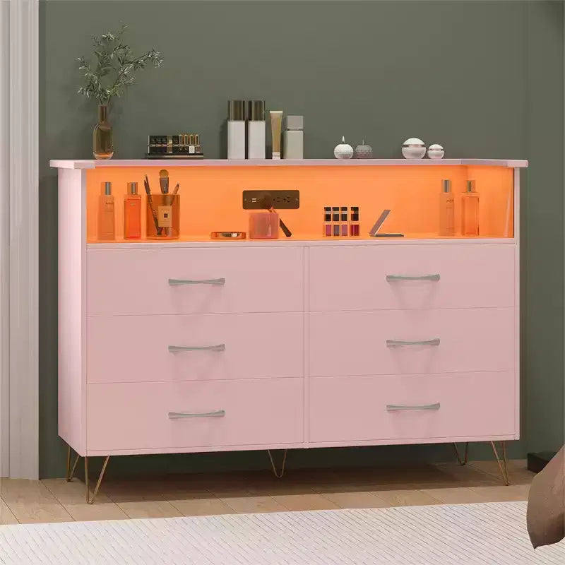 Cómoda moderna de 6 cajones con luces LED y estación de carga - 3 tomas de corriente, 2 puertos USB, luces que cambian de color, estante abierto con cómoda de almacenamiento elegante