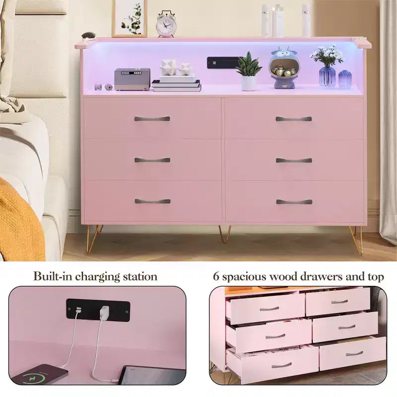 Cómoda moderna de 6 cajones con luces LED y estación de carga - 3 tomas de corriente, 2 puertos USB, luces que cambian de color, estante abierto con cómoda de almacenamiento elegante