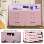 Cómoda moderna de 6 cajones con luces LED y estación de carga - 3 tomas de corriente, 2 puertos USB, luces que cambian de color, estante abierto con cómoda de almacenamiento elegante
