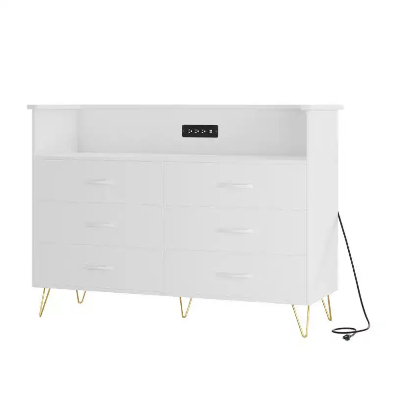 Cómoda moderna de 6 cajones con luces LED y estación de carga - 3 tomas de corriente, 2 puertos USB, luces que cambian de color, estante abierto con cómoda de almacenamiento elegante