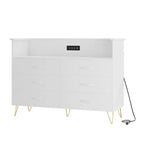 Cómoda moderna de 6 cajones con luces LED y estación de carga - 3 tomas de corriente, 2 puertos USB, luces que cambian de color, estante abierto con cómoda de almacenamiento elegante