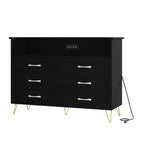 Cómoda moderna de 6 cajones con luces LED y estación de carga - 3 tomas de corriente, 2 puertos USB, luces que cambian de color, estante abierto con cómoda de almacenamiento elegante