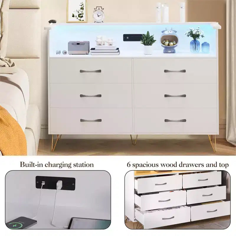 Cómoda moderna de 6 cajones con luces LED y estación de carga - 3 tomas de corriente, 2 puertos USB, luces que cambian de color, estante abierto con cómoda de almacenamiento elegante