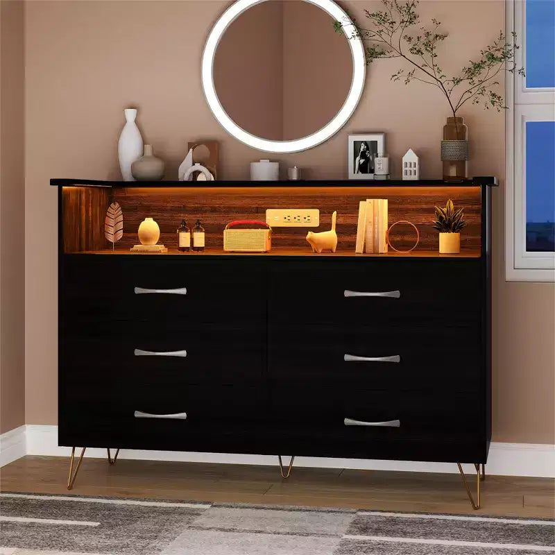 Cómoda moderna de 6 cajones con luces LED y estación de carga - 3 tomas de corriente, 2 puertos USB, luces que cambian de color, estante abierto con cómoda de almacenamiento elegante