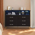 Cómoda moderna de 6 cajones con luces LED y estación de carga - 3 tomas de corriente, 2 puertos USB, luces que cambian de color, estante abierto con cómoda de almacenamiento elegante