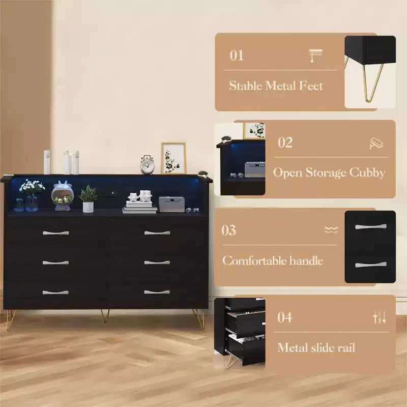 Cómoda moderna de 6 cajones con luces LED y estación de carga - 3 tomas de corriente, 2 puertos USB, luces que cambian de color, estante abierto con cómoda de almacenamiento elegante