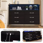 Cómoda moderna de 6 cajones con luces LED y estación de carga - 3 tomas de corriente, 2 puertos USB, luces que cambian de color, estante abierto con cómoda de almacenamiento elegante