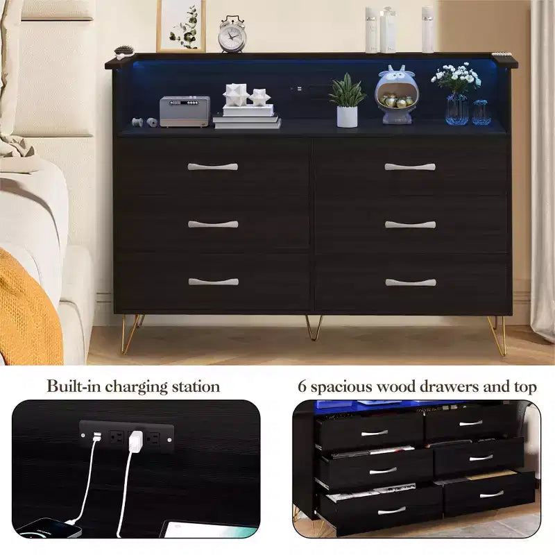 Cómoda moderna de 6 cajones con luces LED y estación de carga - 3 tomas de corriente, 2 puertos USB, luces que cambian de color, estante abierto con cómoda de almacenamiento elegante