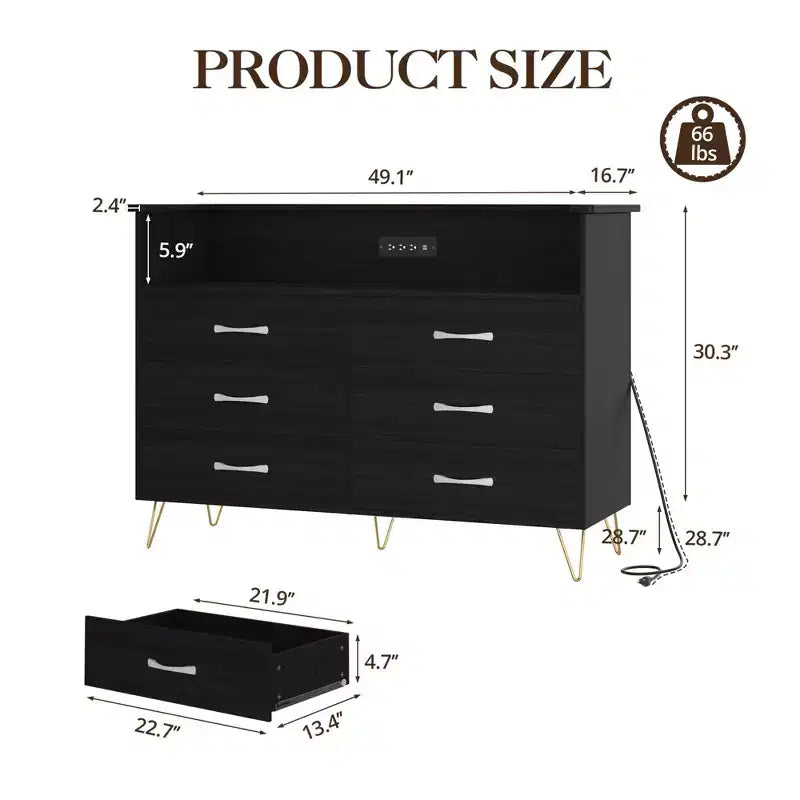Cómoda moderna de 6 cajones con luces LED y estación de carga - 3 tomas de corriente, 2 puertos USB, luces que cambian de color, estante abierto con cómoda de almacenamiento elegante