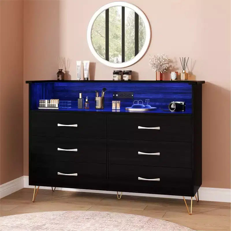 Modern 6 Drawer Dresser with LED Lights & Charging Station - 3 Outlets,2 USB Ports,Color Changing Lights,Open Shelves Stand wStylish Storage Dresser