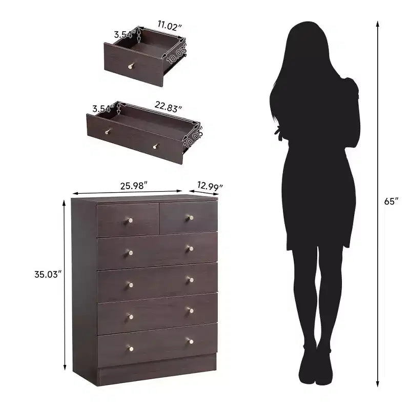 Karl Home Cómoda de 6 cajones de aglomerado marrón de 25.98 pulgadas de ancho