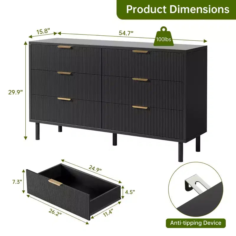 Cómoda de 55" y 6 cajones, cómoda ondulada acanalada con dispositivo antivuelco, mesita de noche grande de madera con almacenamiento y patas de metal