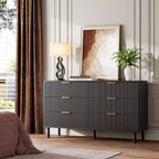 Cómoda de 55" y 6 cajones, cómoda ondulada acanalada con dispositivo antivuelco, mesita de noche grande de madera con almacenamiento y patas de metal