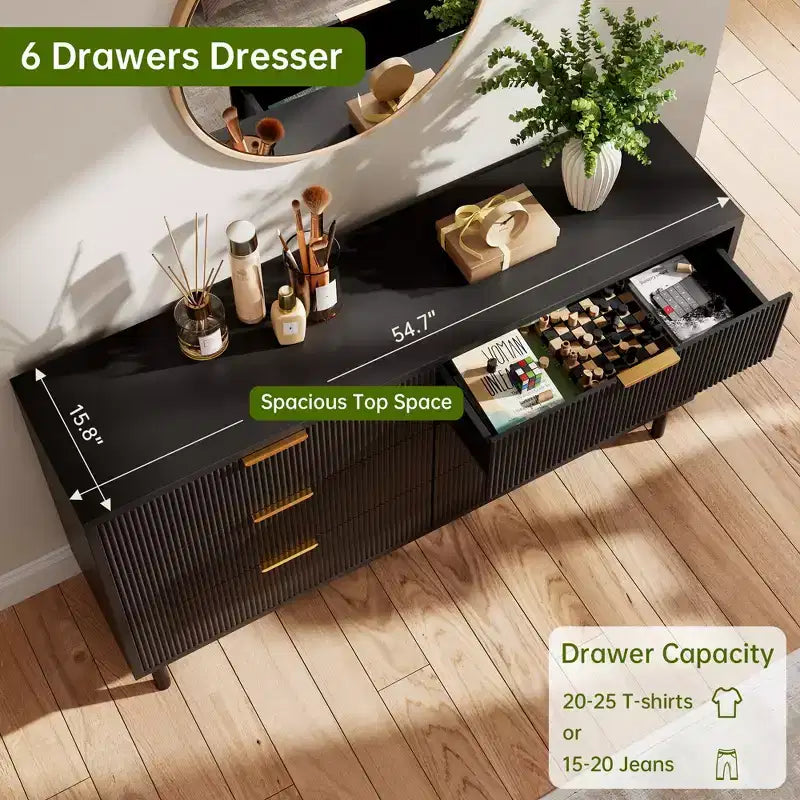 Cómoda de 55" y 6 cajones, cómoda ondulada acanalada con dispositivo antivuelco, mesita de noche grande de madera con almacenamiento y patas de metal
