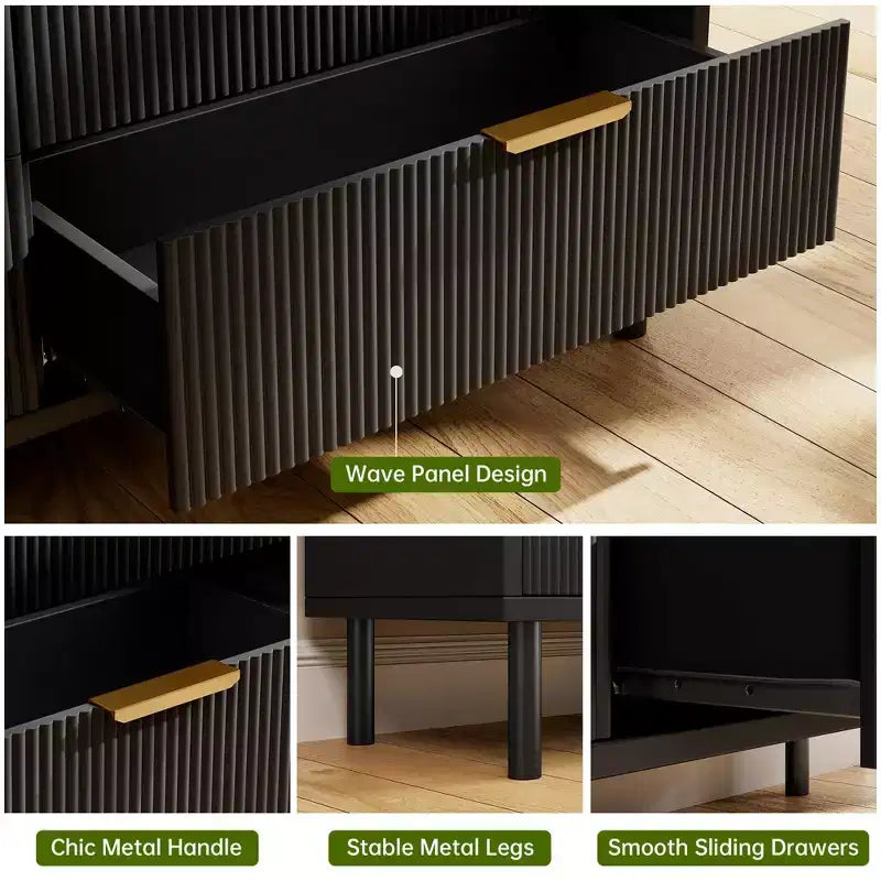 Cómoda de 55" y 6 cajones, cómoda ondulada acanalada con dispositivo antivuelco, mesita de noche grande de madera con almacenamiento y patas de metal