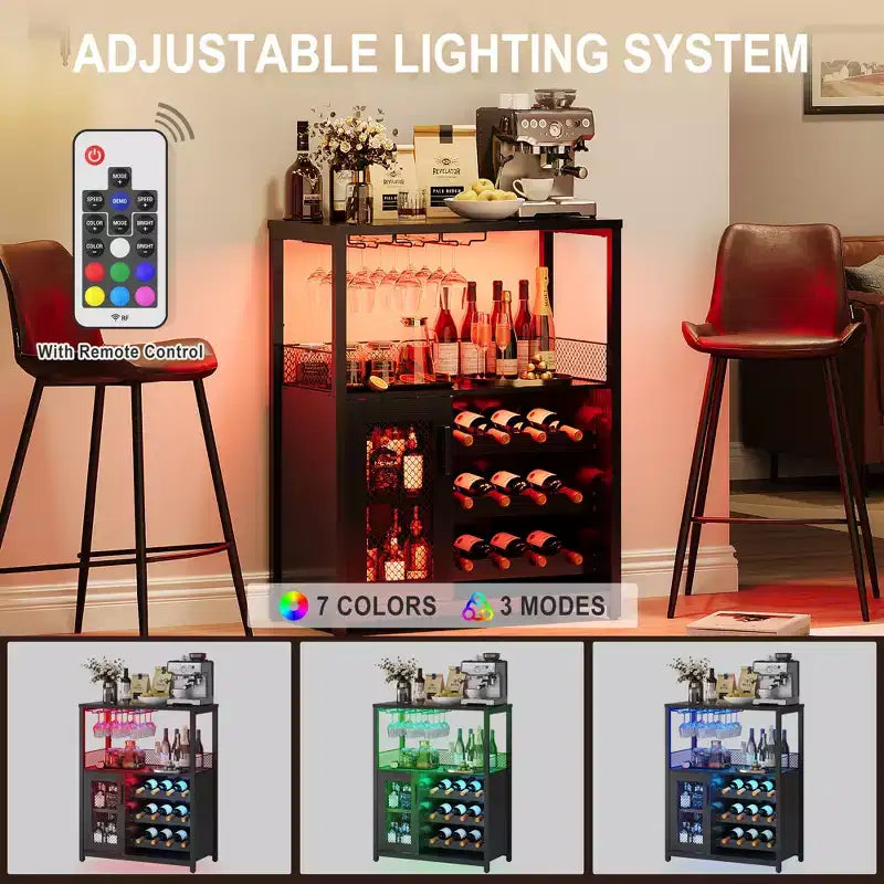 Mueble Bar de Vinos de 3 Niveles con Botellero y Espacio de Almacenamiento, Aparador con Soporte para Copas y Puerta de Malla, para Cocina, Sala de Estar y Bar