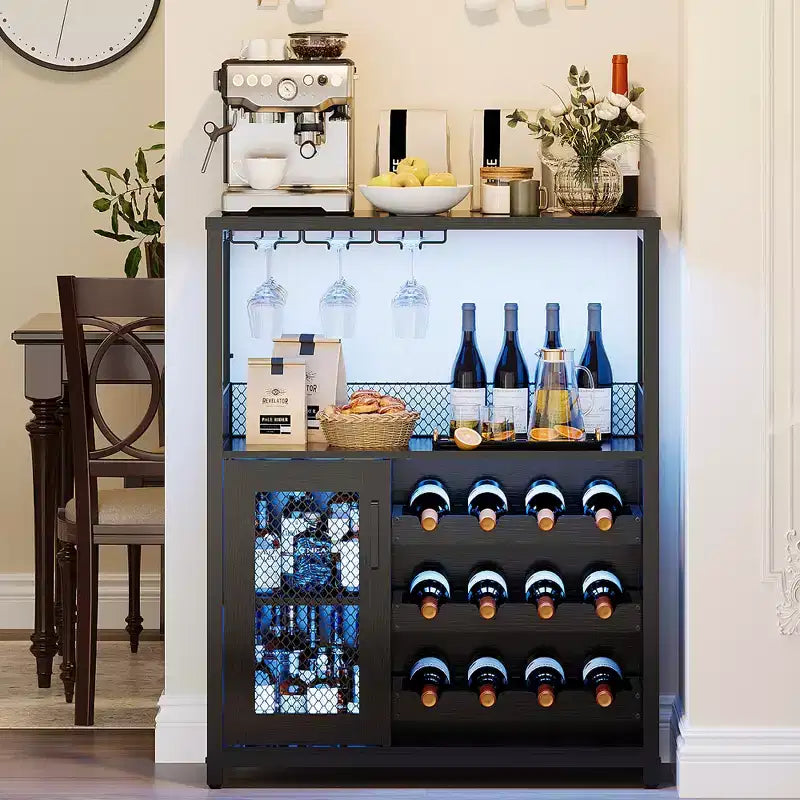 Mueble Bar de Vinos de 3 Niveles con Botellero y Espacio de Almacenamiento, Aparador con Soporte para Copas y Puerta de Malla, para Cocina, Sala de Estar y Bar