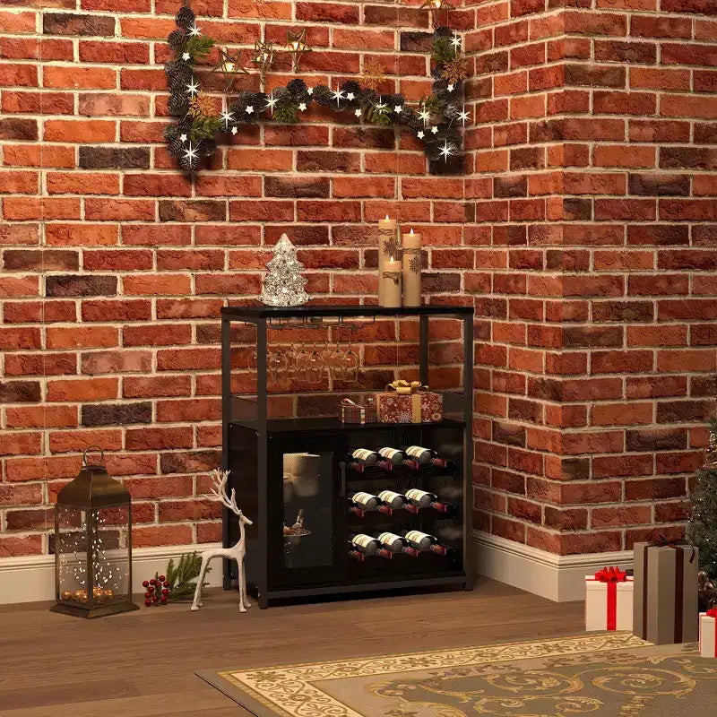 Mueble Bar de Vinos de 3 Niveles con Botellero y Espacio de Almacenamiento, Aparador con Soporte para Copas y Puerta de Malla, para Cocina, Sala de Estar y Bar