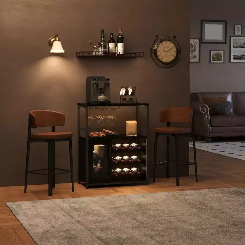Mueble Bar de Vinos de 3 Niveles con Botellero y Espacio de Almacenamiento, Aparador con Soporte para Copas y Puerta de Malla, para Cocina, Sala de Estar y Bar