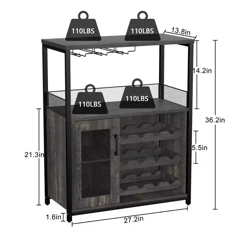 Mueble Bar de Vinos de 3 Niveles con Botellero y Espacio de Almacenamiento, Aparador con Soporte para Copas y Puerta de Malla, para Cocina, Sala de Estar y Bar