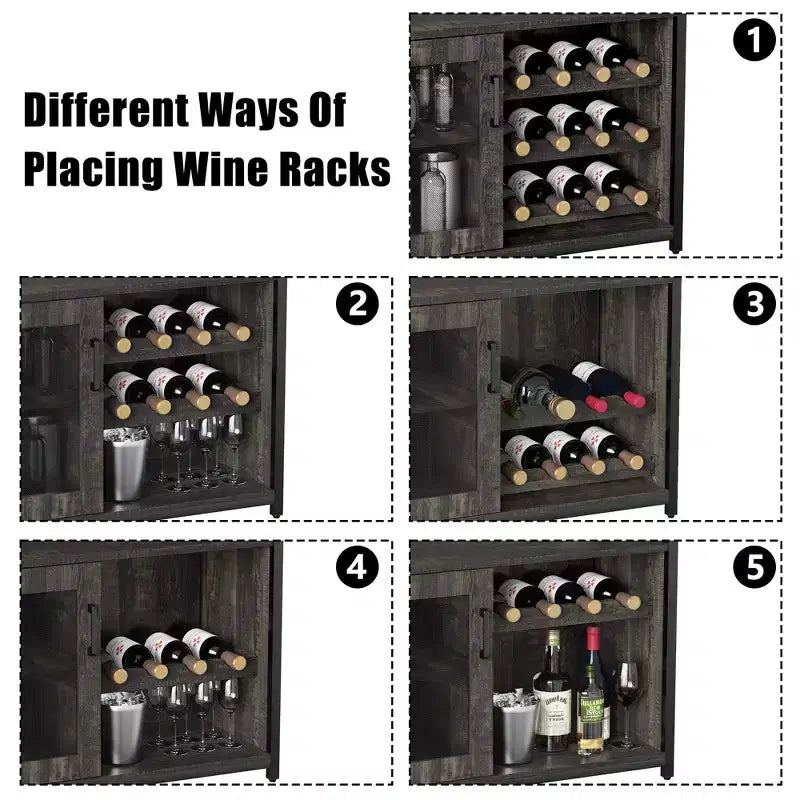 Mueble Bar de Vinos de 3 Niveles con Botellero y Espacio de Almacenamiento, Aparador con Soporte para Copas y Puerta de Malla, para Cocina, Sala de Estar y Bar