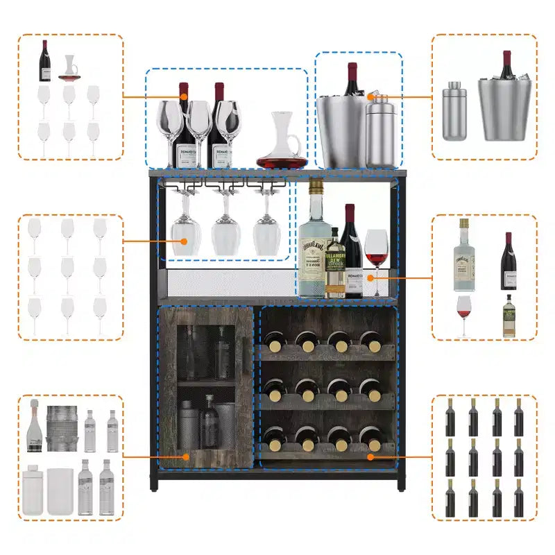 Mueble Bar de Vinos de 3 Niveles con Botellero y Espacio de Almacenamiento, Aparador con Soporte para Copas y Puerta de Malla, para Cocina, Sala de Estar y Bar