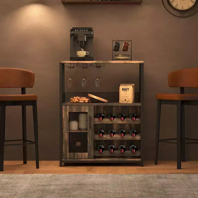 Mueble Bar de Vinos de 3 Niveles con Botellero y Espacio de Almacenamiento, Aparador con Soporte para Copas y Puerta de Malla, para Cocina, Sala de Estar y Bar