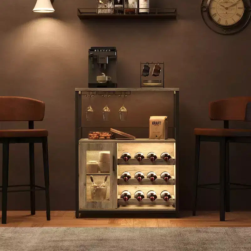 Mueble Bar de Vinos de 3 Niveles con Botellero y Espacio de Almacenamiento, Aparador con Soporte para Copas y Puerta de Malla, para Cocina, Sala de Estar y Bar