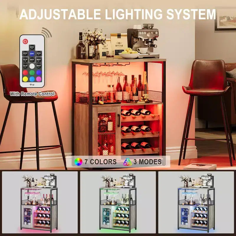 Mueble Bar de Vinos de 3 Niveles con Botellero y Espacio de Almacenamiento, Aparador con Soporte para Copas y Puerta de Malla, para Cocina, Sala de Estar y Bar