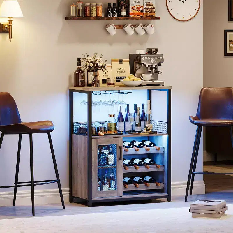 Mueble Bar de Vinos de 3 Niveles con Botellero y Espacio de Almacenamiento, Aparador con Soporte para Copas y Puerta de Malla, para Cocina, Sala de Estar y Bar