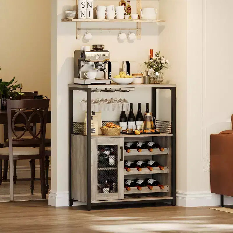 Mueble Bar de Vinos de 3 Niveles con Botellero y Espacio de Almacenamiento, Aparador con Soporte para Copas y Puerta de Malla, para Cocina, Sala de Estar y Bar