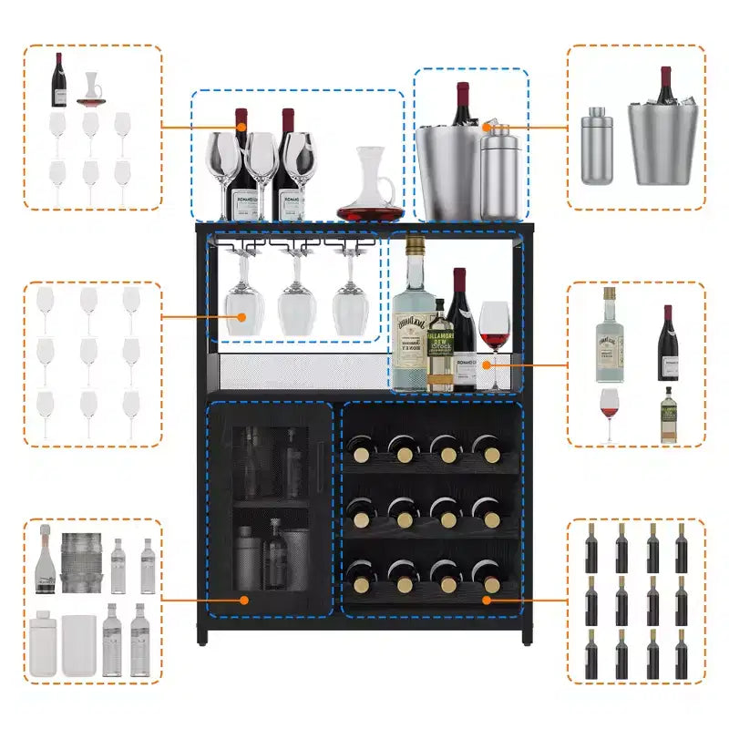Mueble Bar de Vinos de 3 Niveles con Botellero y Espacio de Almacenamiento, Aparador con Soporte para Copas y Puerta de Malla, para Cocina, Sala de Estar y Bar