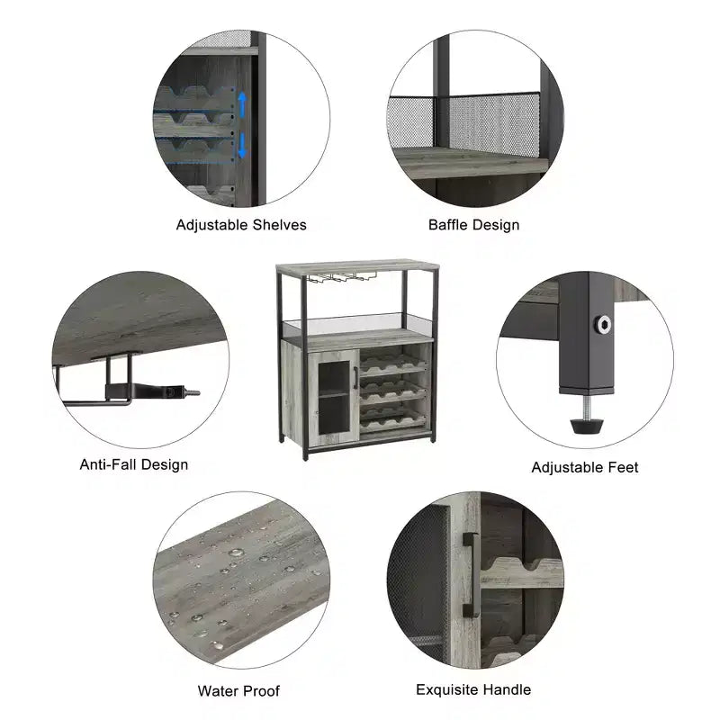 Mueble Bar de Vinos de 3 Niveles con Botellero y Espacio de Almacenamiento, Aparador con Soporte para Copas y Puerta de Malla, para Cocina, Sala de Estar y Bar