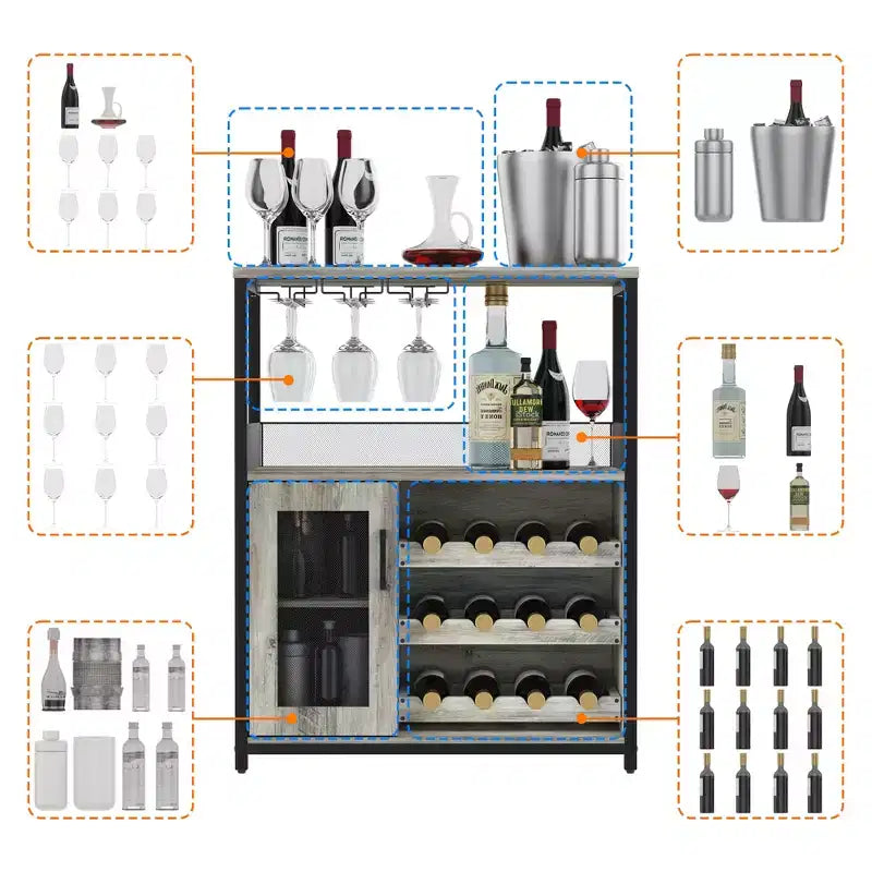 Mueble Bar de Vinos de 3 Niveles con Botellero y Espacio de Almacenamiento, Aparador con Soporte para Copas y Puerta de Malla, para Cocina, Sala de Estar y Bar