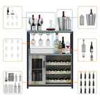 Mueble Bar de Vinos de 3 Niveles con Botellero y Espacio de Almacenamiento, Aparador con Soporte para Copas y Puerta de Malla, para Cocina, Sala de Estar y Bar
